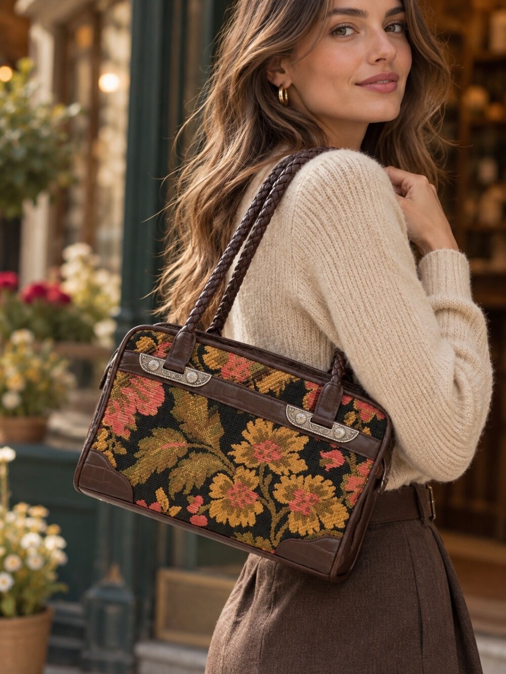 VTG Bueno Floral Tapestry Shoulder Bag Brown Braided Straps Y2K Boho Artsy Fall